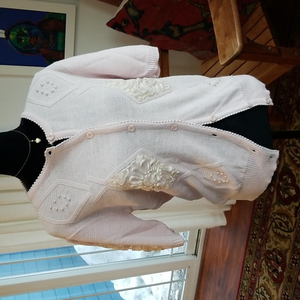 Vintage 80s Pink Embellished Cardigan Short Slleve Pink Medium